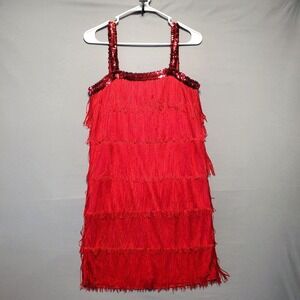 Costumes USA Flapper Dress Womens S-L Red Fringe Sequin 20s Costume Stretch